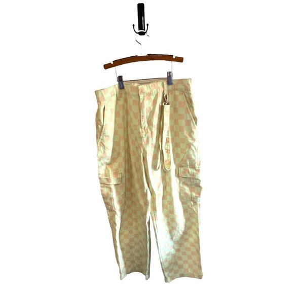 Forever 21 Womens XL Peach & Mint Checkered Cargo Pants Retro Skater - Picture 1 of 11